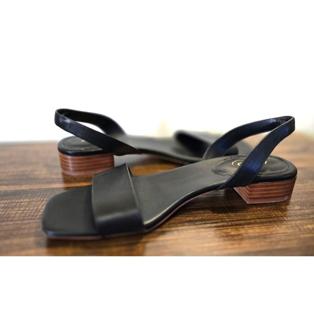 Aldo Dorenna Black Leather Square Toe Sandals With Low Block Heel Size 8.5-9